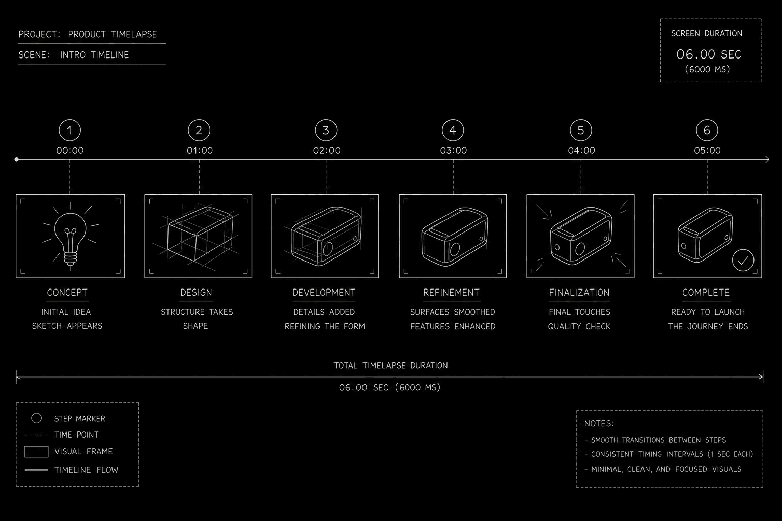 Time-lapse progression timeline with six visual markers and duration note; dark mode technical sketch, thin white lines on black background