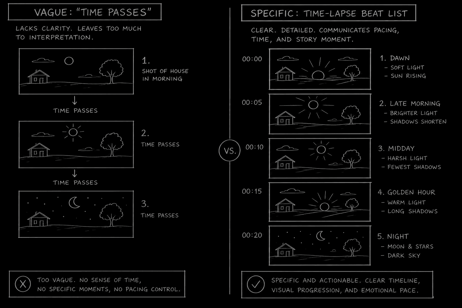 Montage format comparison showing vague vs specific time-lapse beats; dark mode technical sketch, thin white lines on black background