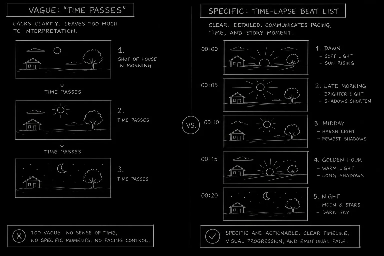 Montage format comparison showing vague vs specific time-lapse beats; dark mode technical sketch, thin white lines on black background