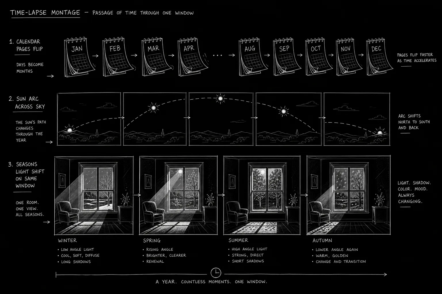 Dark mode technical sketch: time-lapse storyboard with calendar and light shifts, thin white lines on solid black