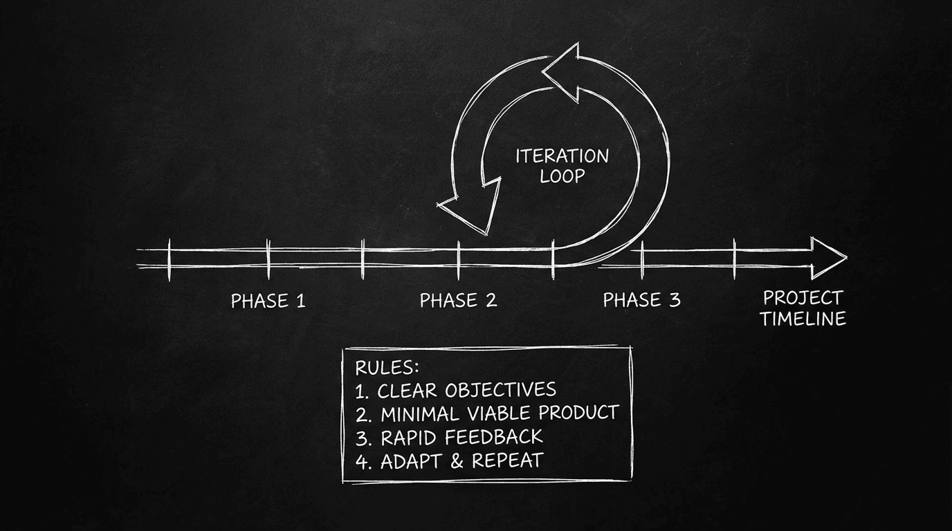 Timeline with one loop; rules clear; dark mode technical sketch