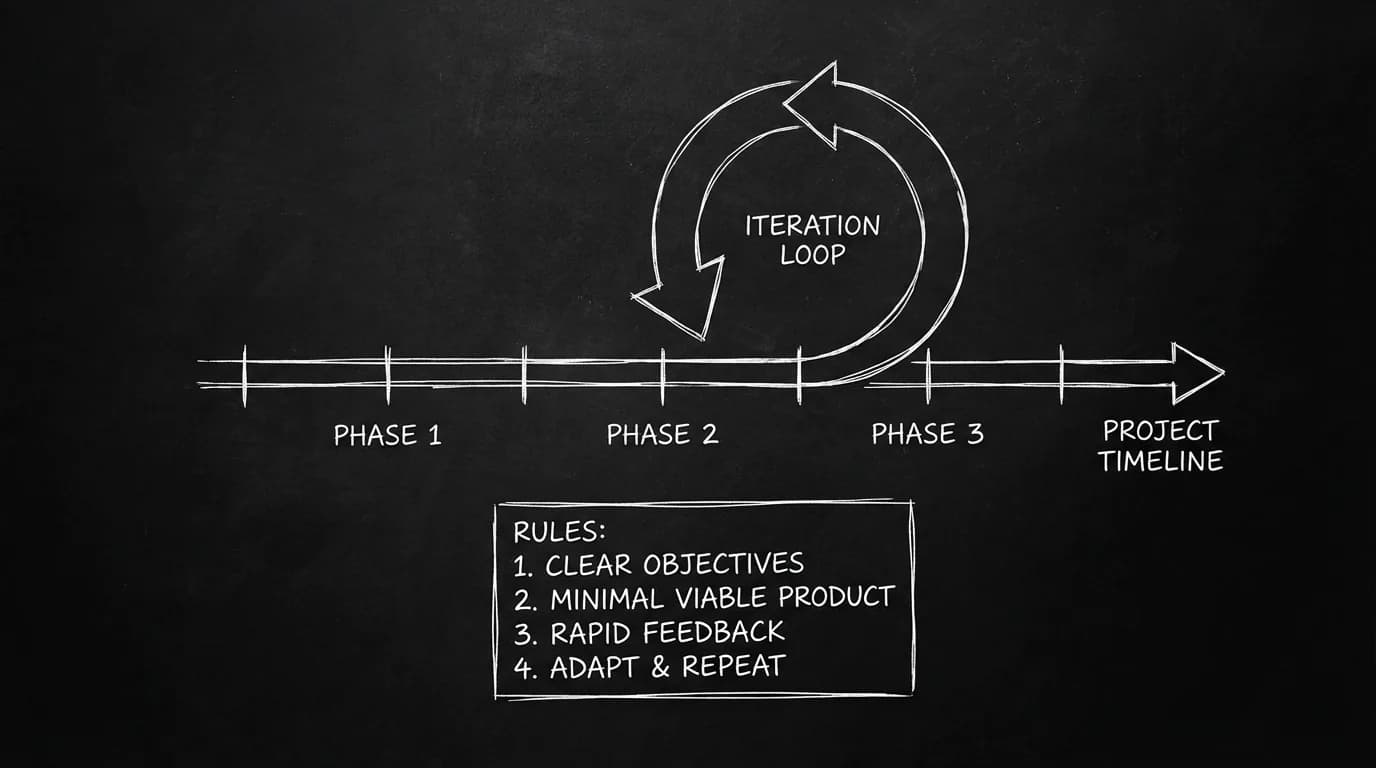 Timeline with one loop; rules clear; dark mode technical sketch