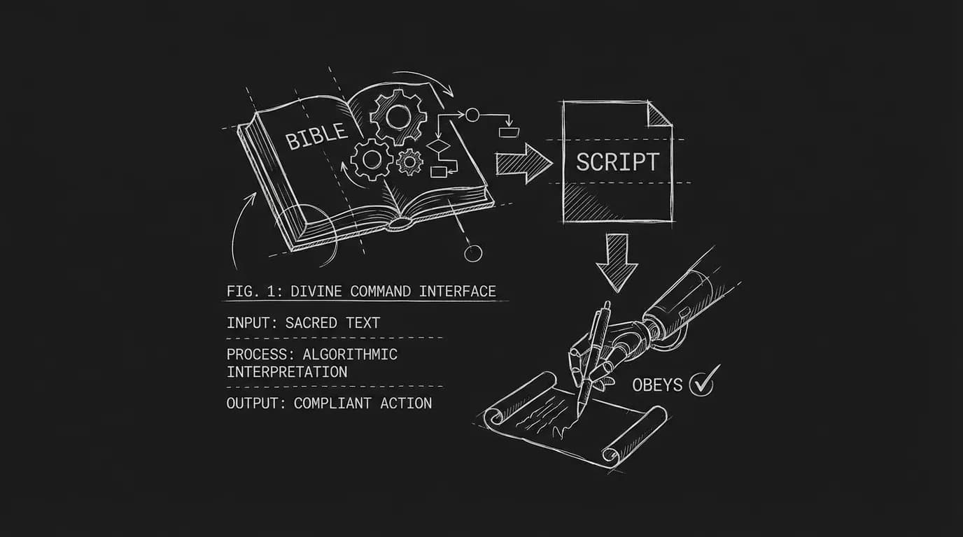Rules in bible; script obeys; dark mode technical sketch