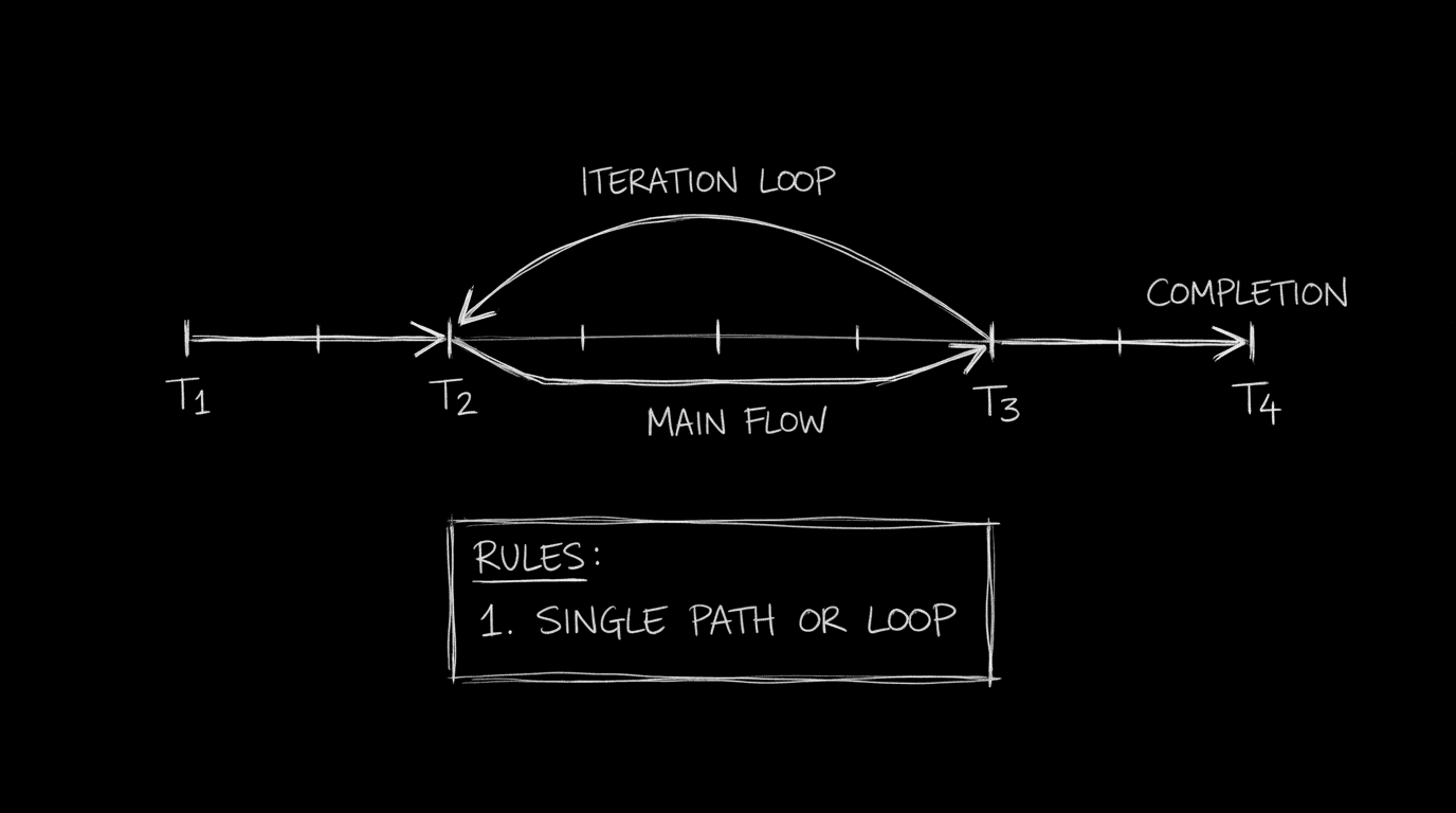 Time travel: one timeline, one set of rules; dark mode technical sketch