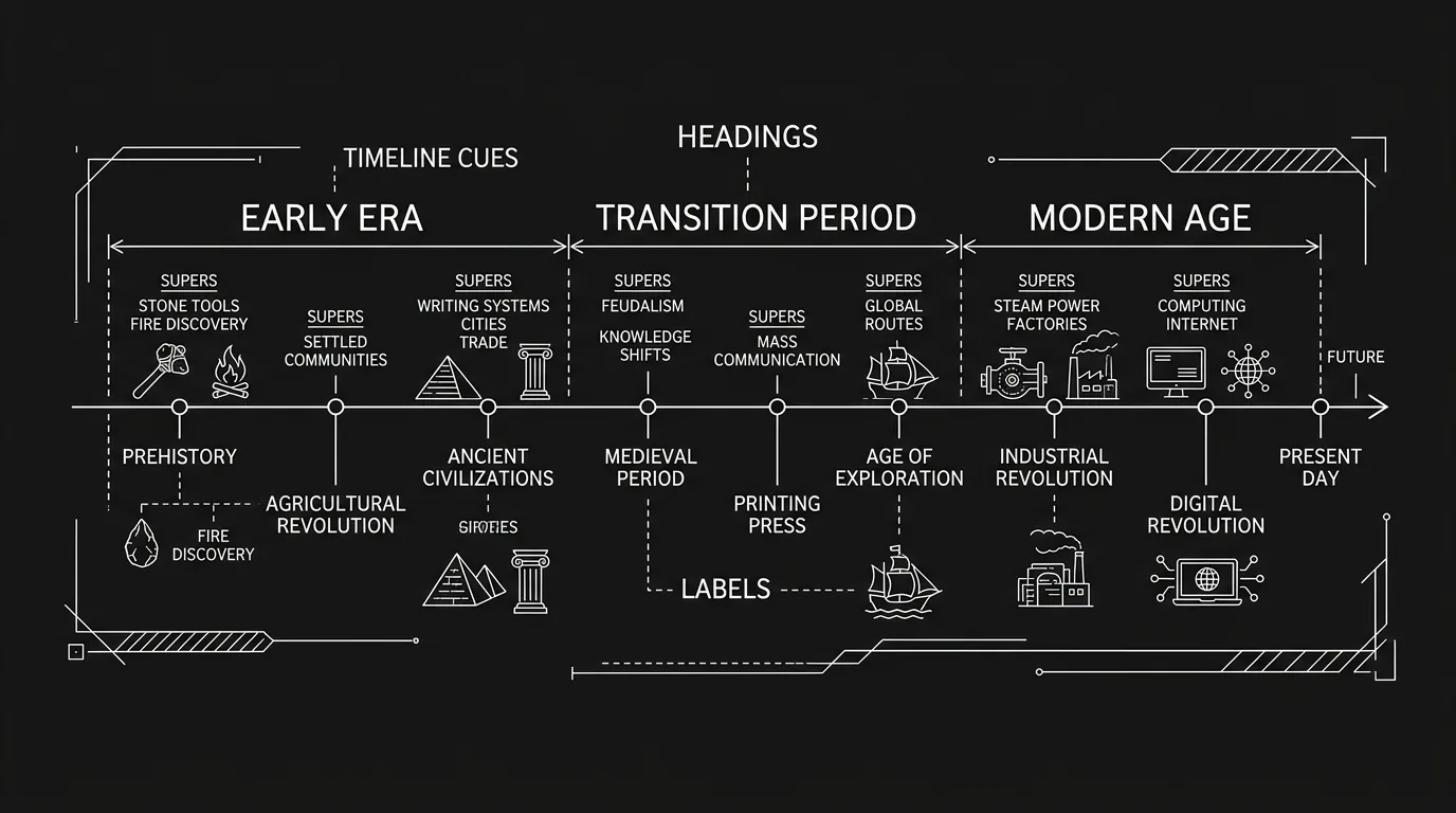 Timeline cues: headings, supers, labels; dark mode technical sketch