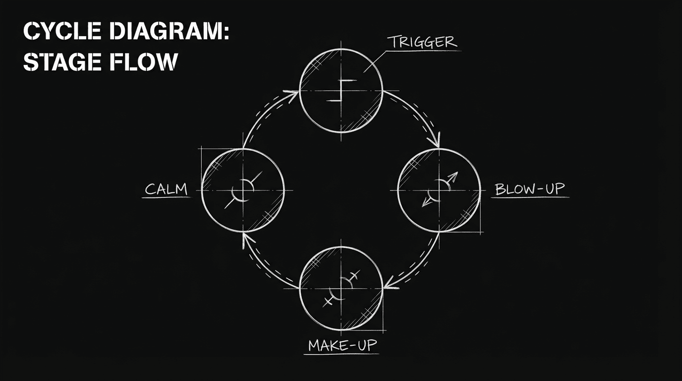Cycle: trigger, blow-up, make-up, calm; dark mode technical sketch