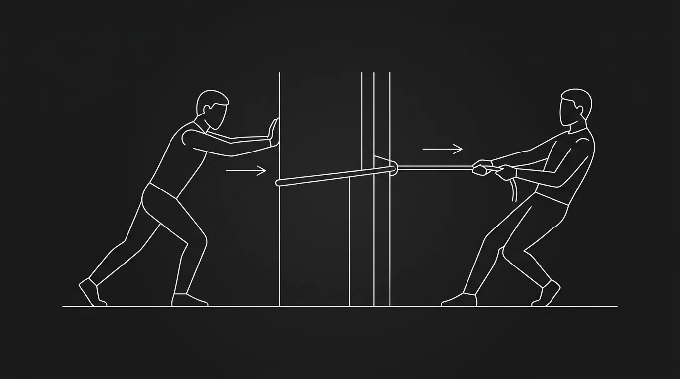 Two figures in push-pull; nuance; dark mode technical sketch