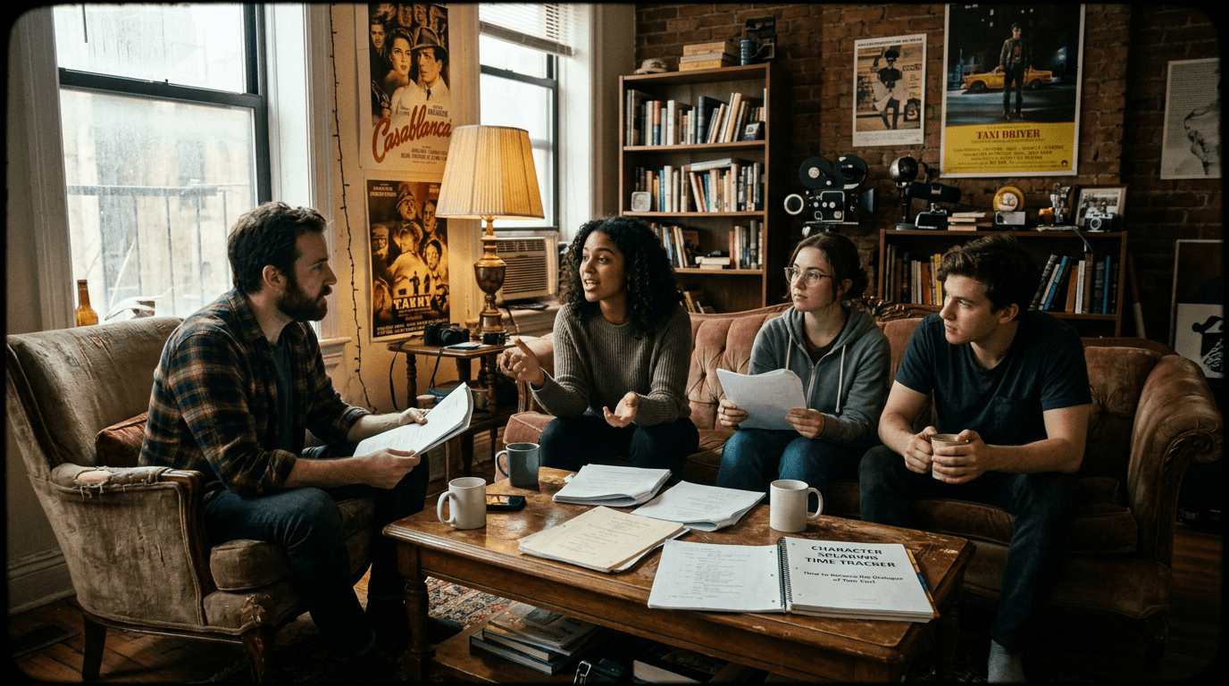 Cinematic workflow still, first angle, 35mm film grain