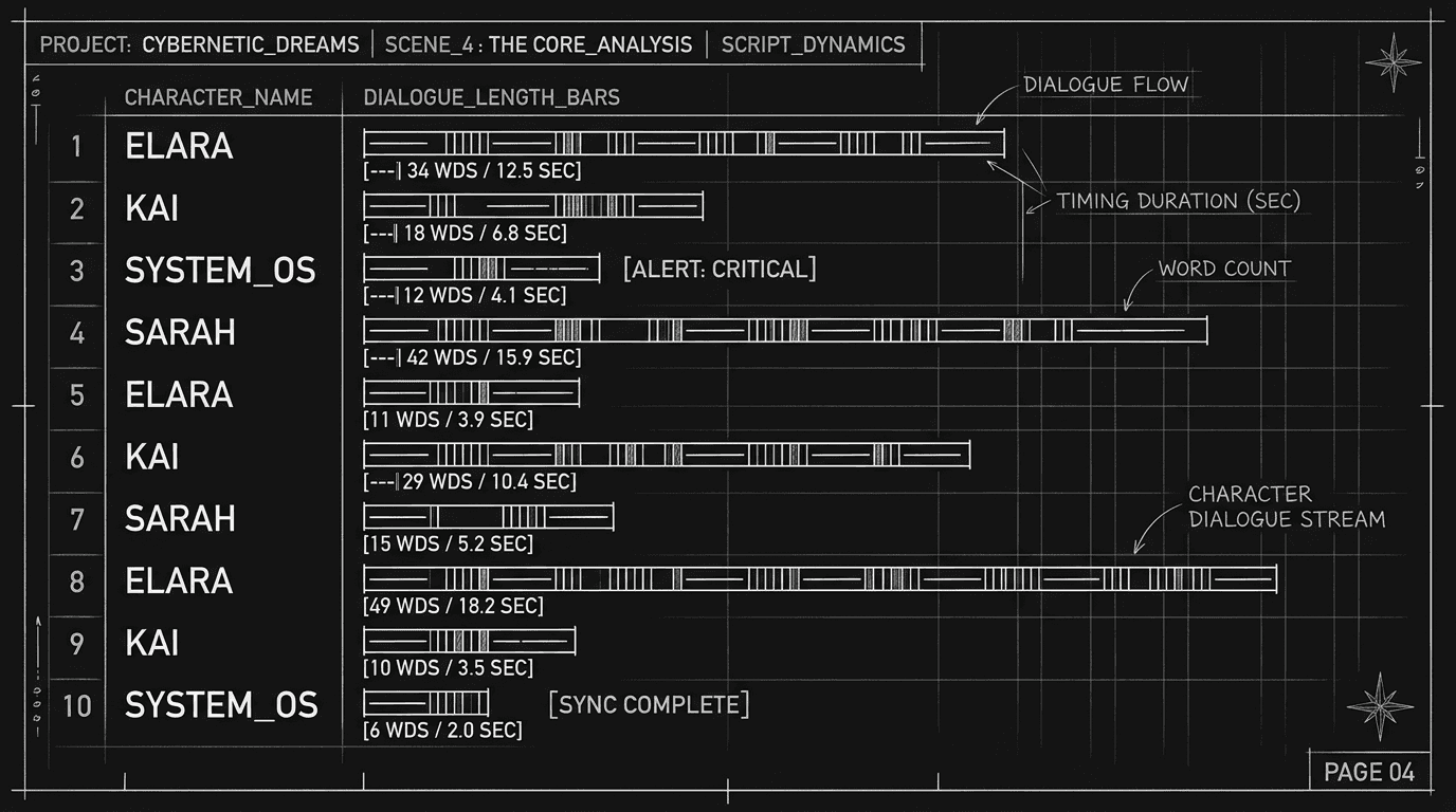 Dark mode technical sketch: script with character names and dialogue-length bars; thin white lines on black
