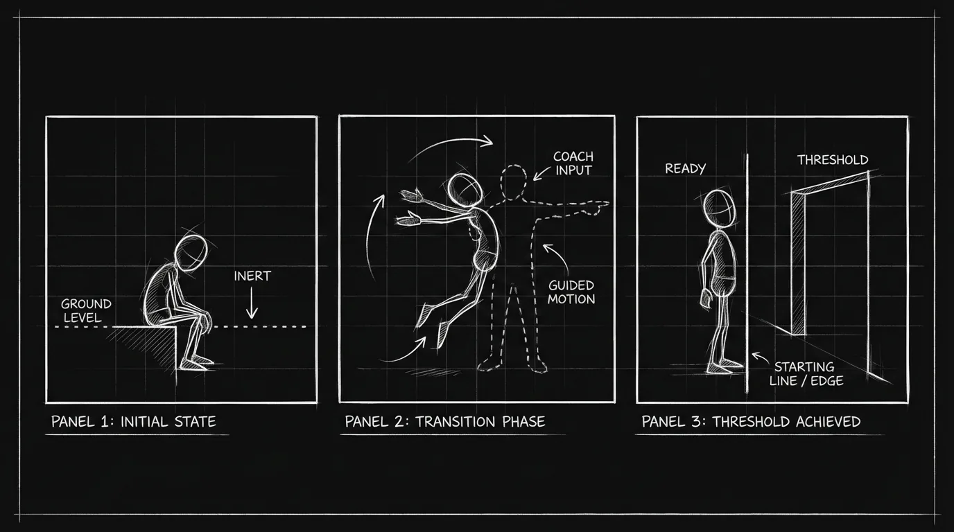 Three-panel: ground, coach, threshold