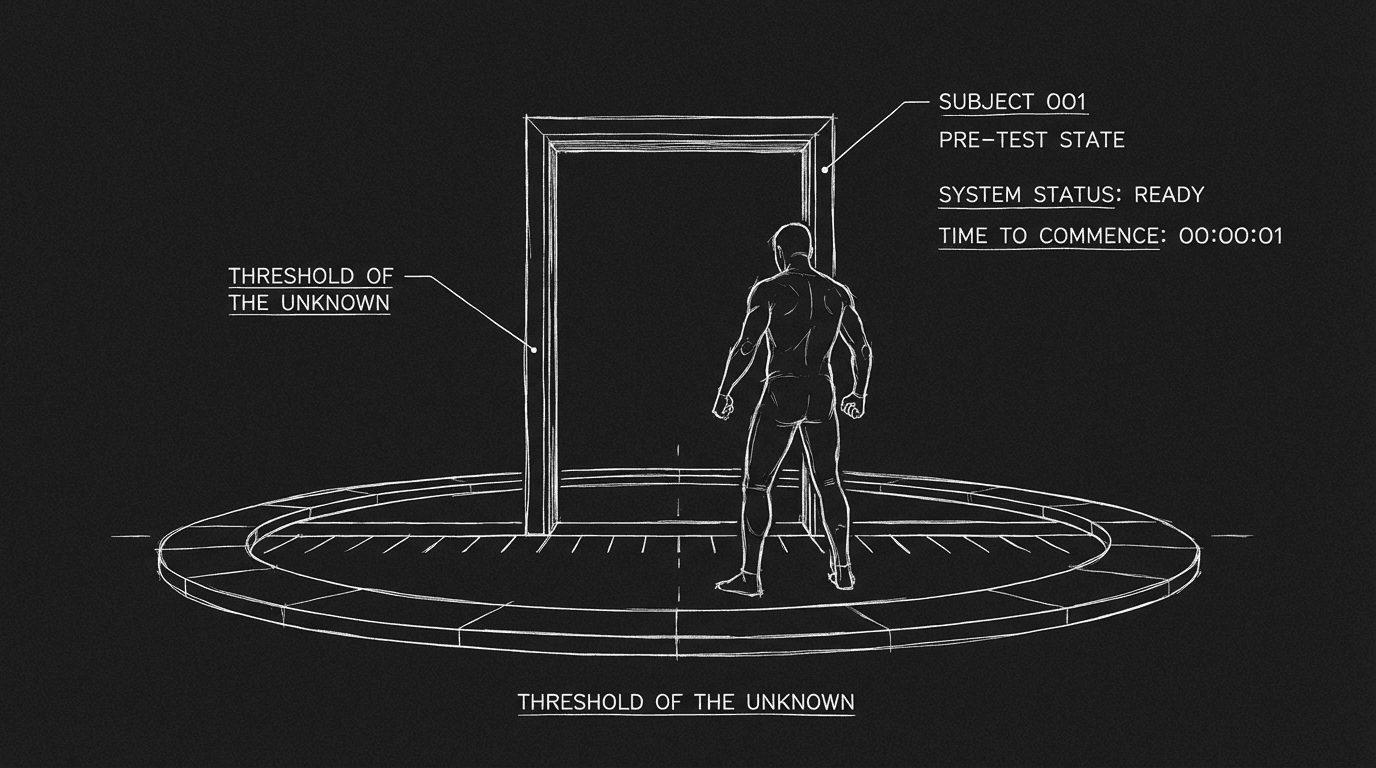 Figure at threshold, back to camera