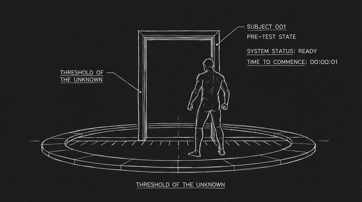 Figure at threshold, back to camera