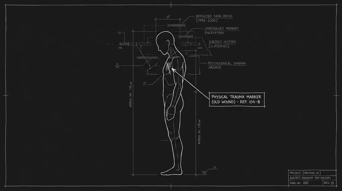 Wound and backstory: single figure with shadowed past; dark mode technical sketch