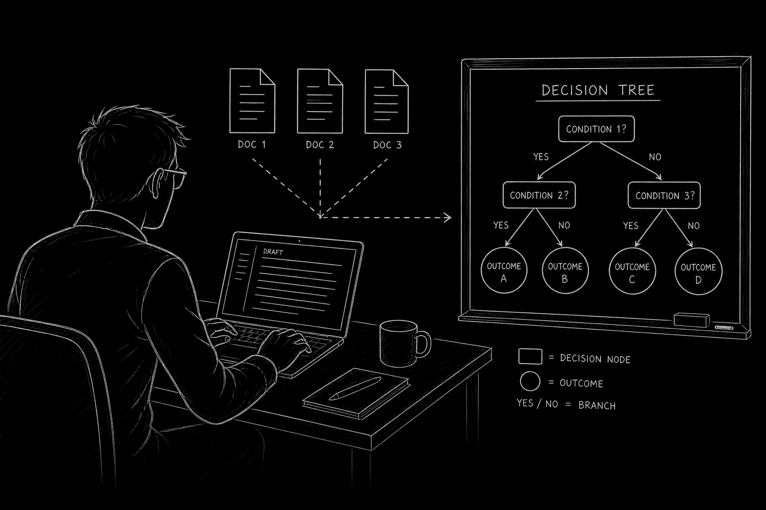 Dark mode technical sketch: writer at laptop choosing between three document icons with a simple decision tree chalked on blackboard behind, thin white lines on black
