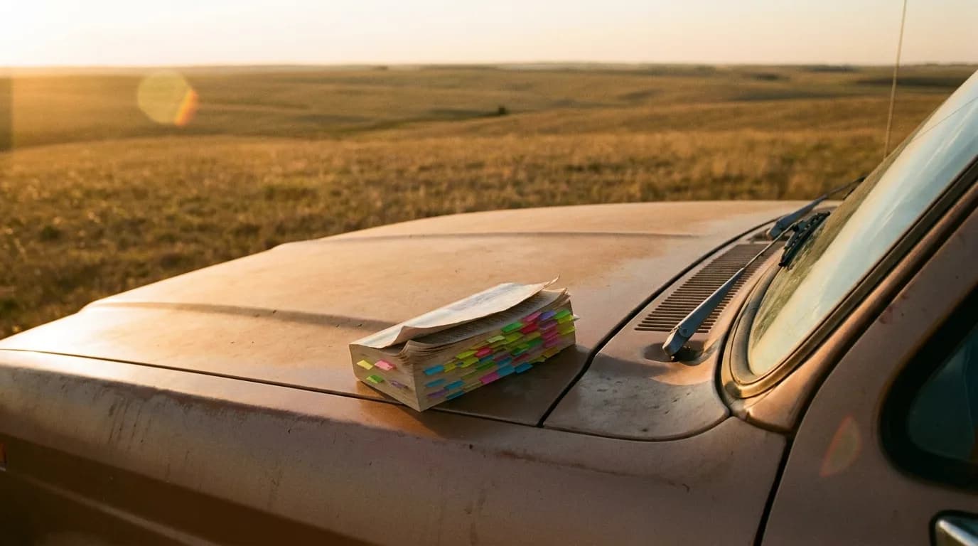 A dog-eared paperback novel bristling with colored index tabs resting on the hood of a location scout's truck at golden hour, an empty field stretching behind it, cinematic still