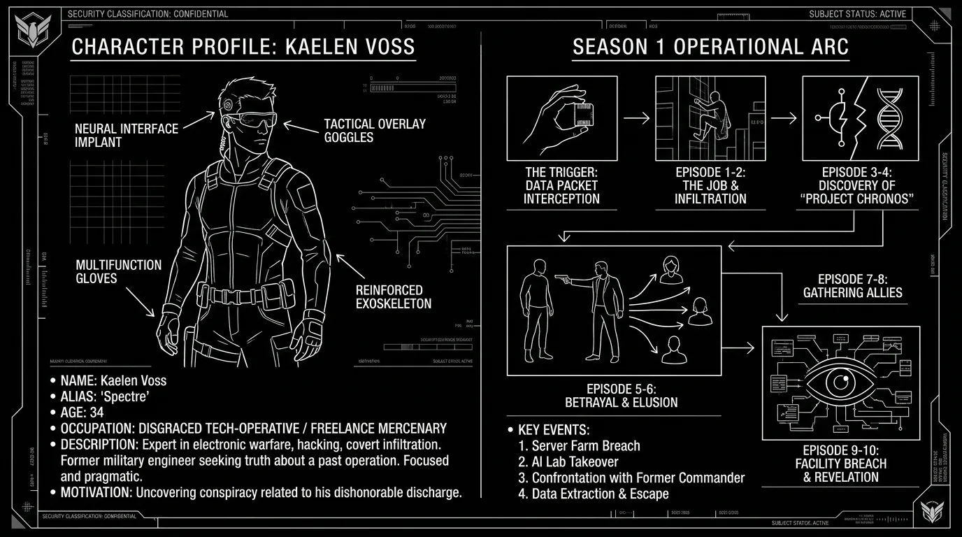 Character bio and season arc side by side; dark mode technical sketch