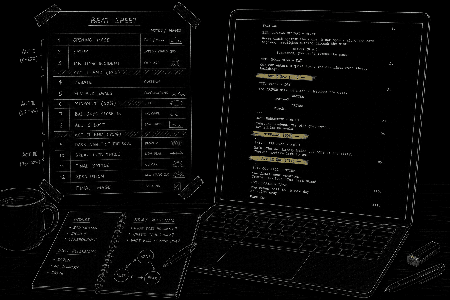 Dark mode technical sketch: printed beat sheet taped beside laptop showing script draft with matching act break highlights, thin white lines on black