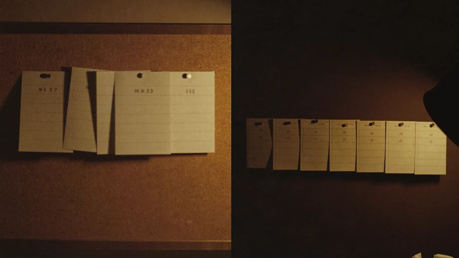 A split writer's desk at night, a fifteen-card feature beat board on one side and a five-act pilot grid on the other, single desk lamp, cinematic still
