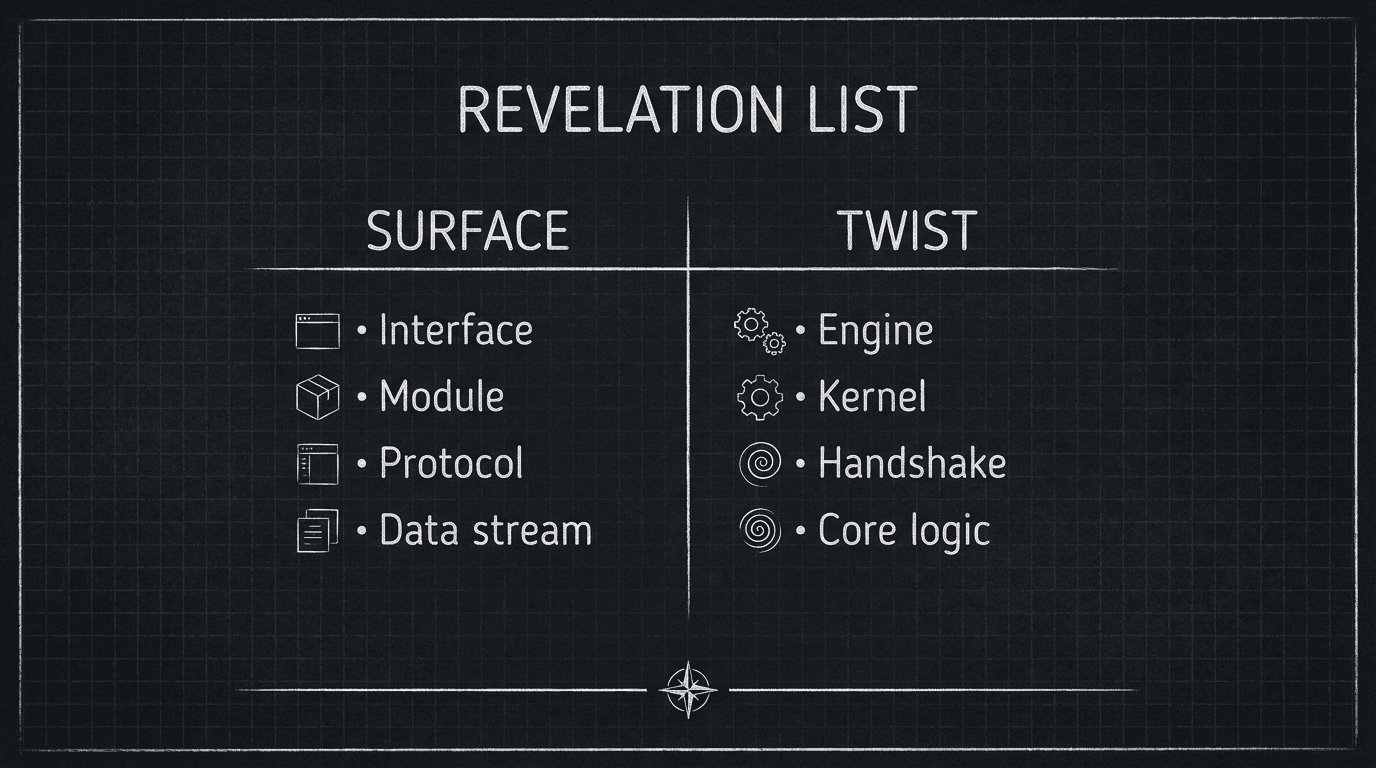 Revelation list: two columns, surface vs twist; dark mode technical sketch