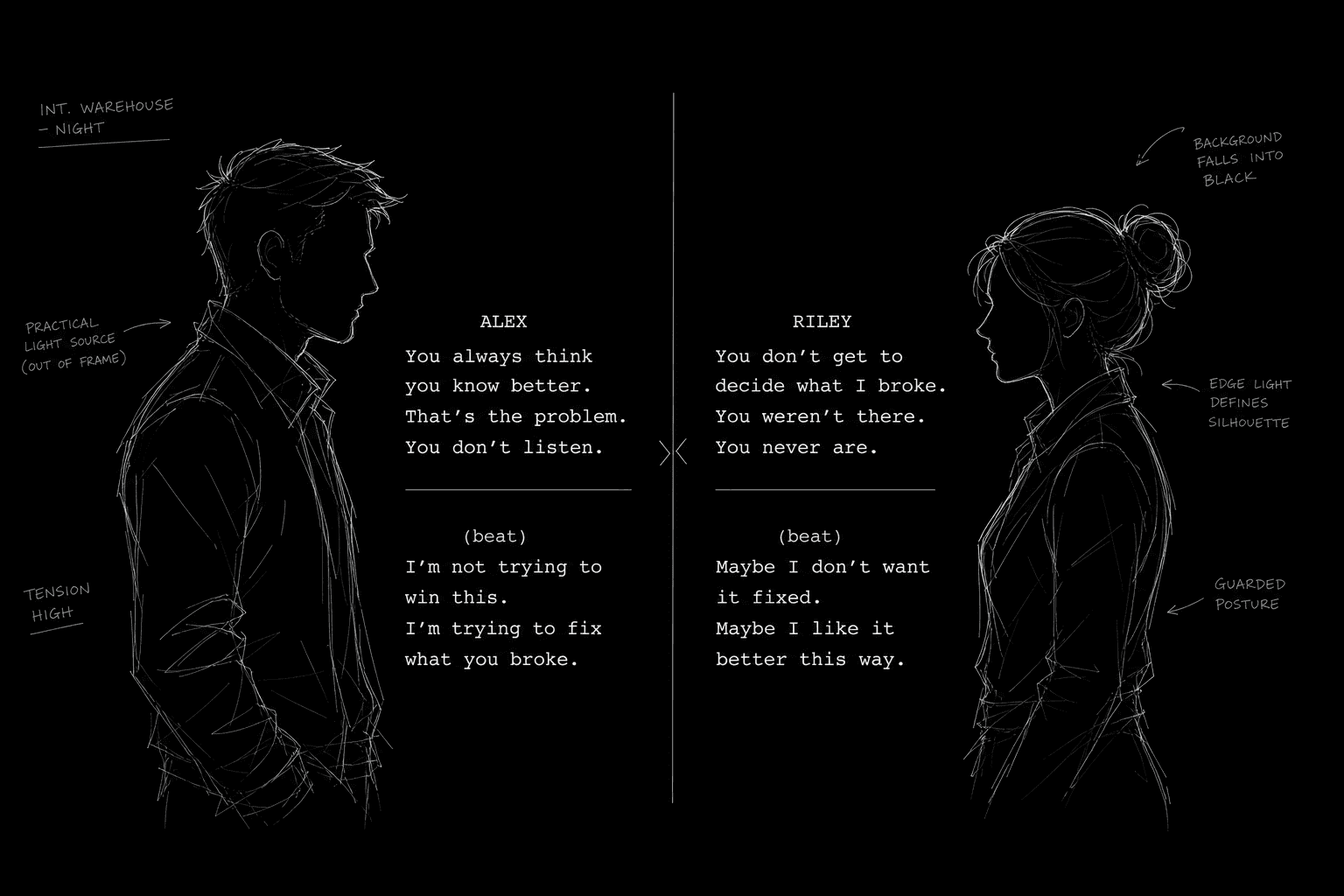 Dark mode technical sketch: two character silhouettes facing across a split screenplay page with mirrored dialogue blocks, thin white lines on solid black