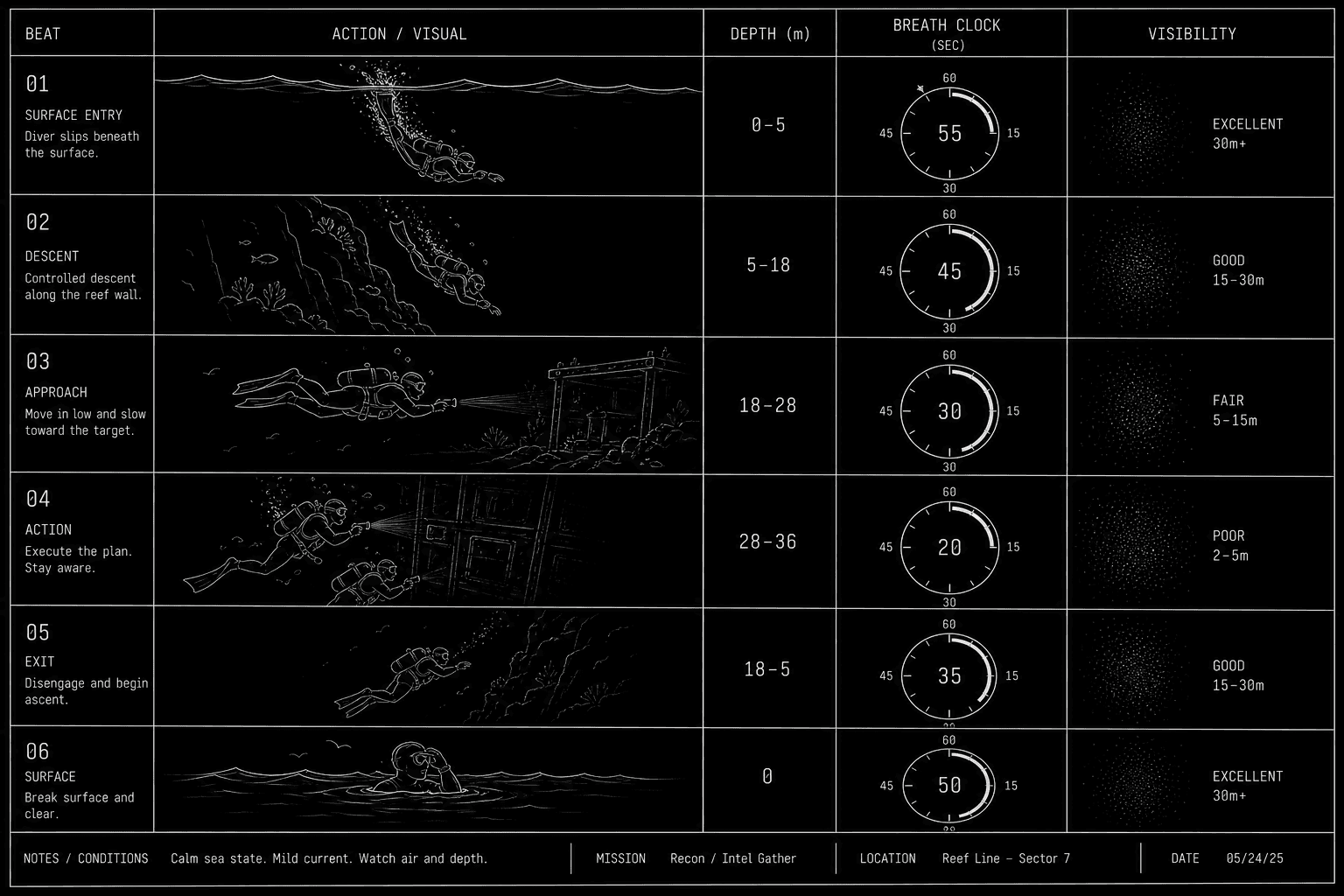 Underwater action beat sheet with depth, breath, and visibility columns; dark mode technical sketch, thin white lines on black background