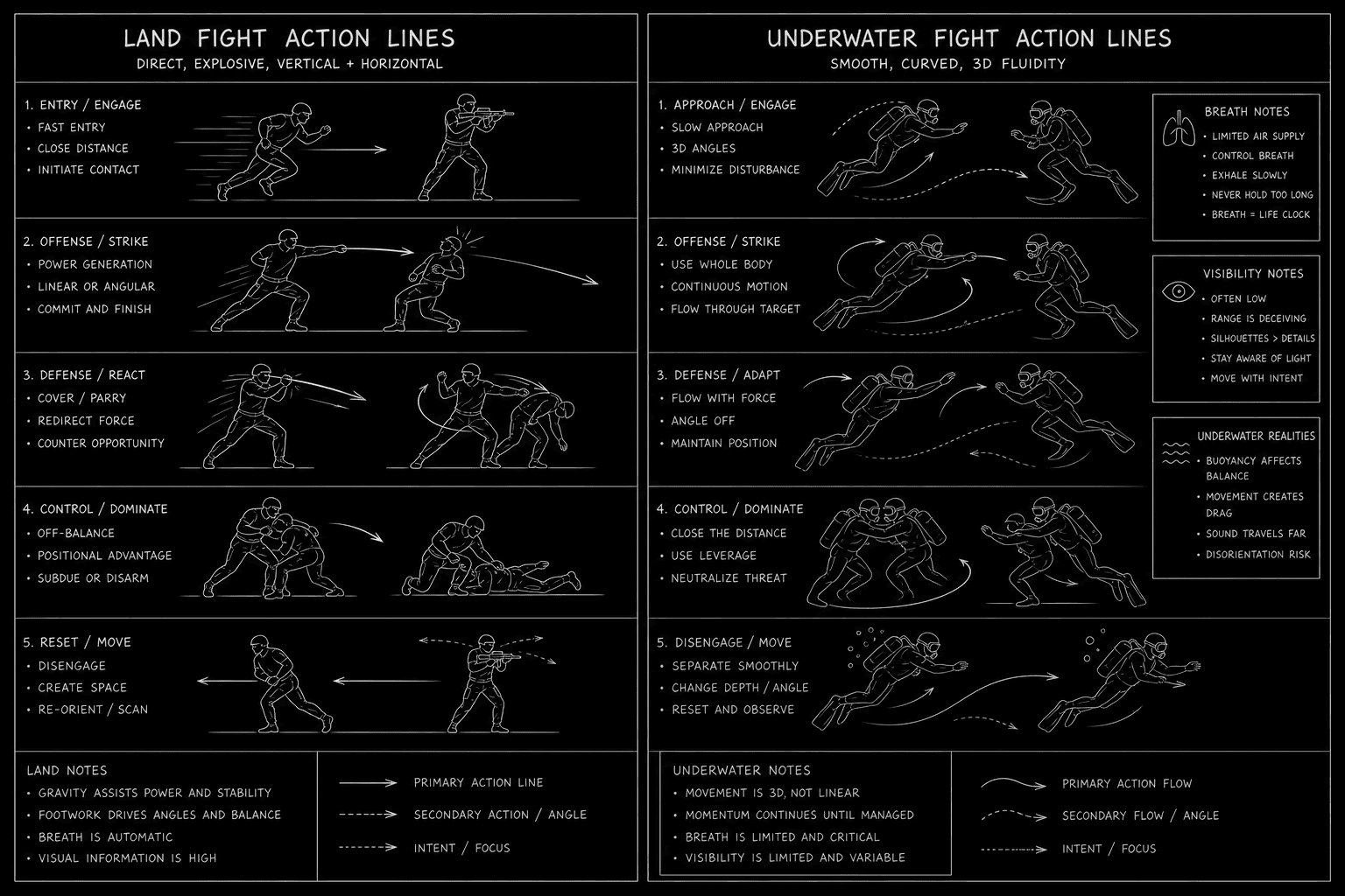 Side-by-side land fight vs underwater fight formatting comparison; dark mode technical sketch, thin white lines on black background