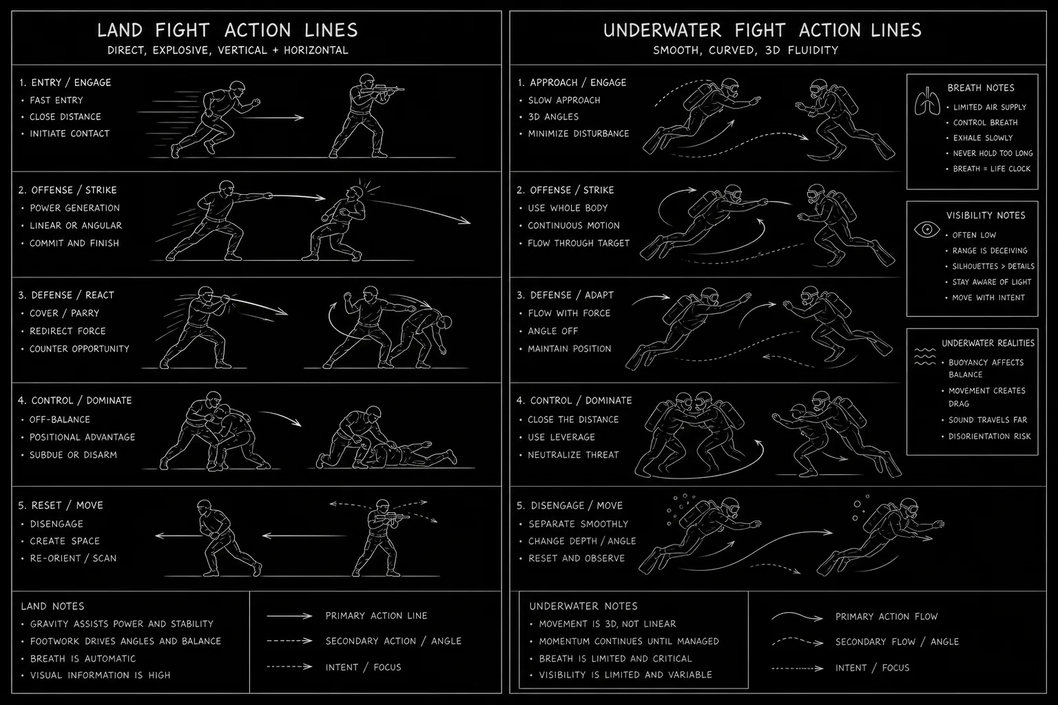 Side-by-side land fight vs underwater fight formatting comparison; dark mode technical sketch, thin white lines on black background