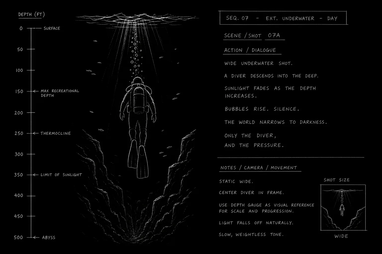 Dark mode technical sketch: underwater silhouette with depth markers on script page, thin white lines on black