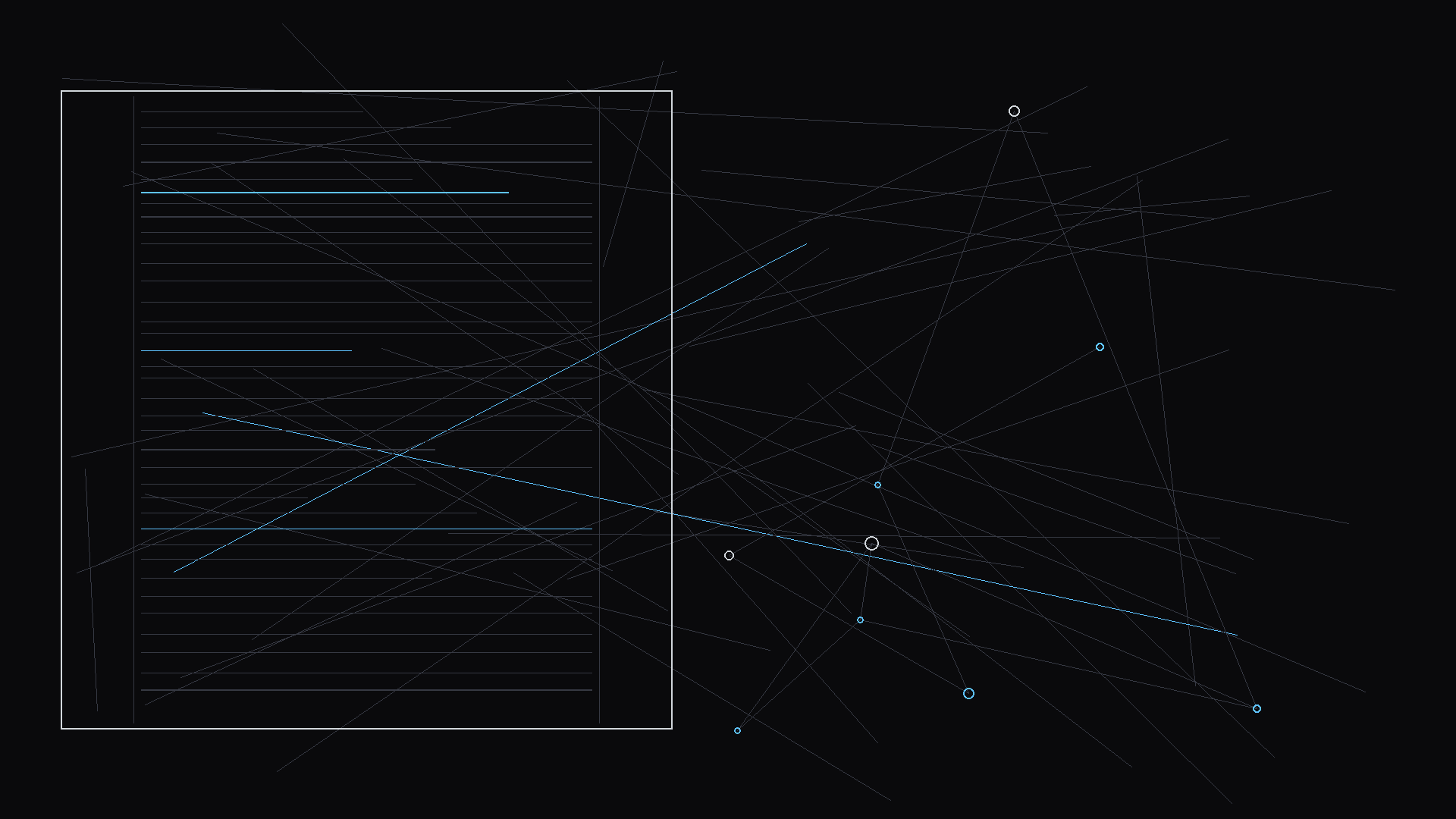 A script page showing unfilmable lines alongside performable action; dark mode technical sketch, thin white lines on black background