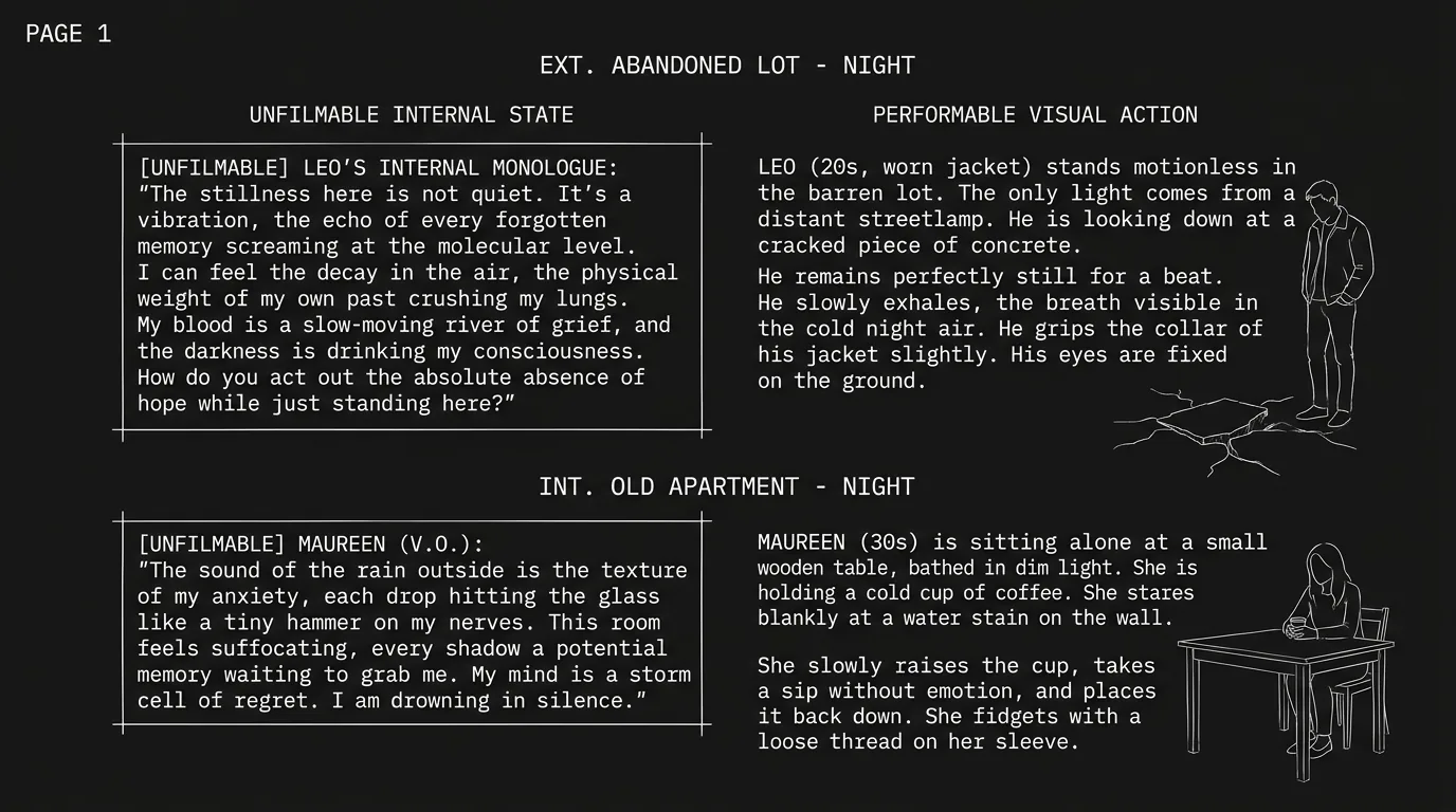 A script page showing unfilmable lines alongside performable action; dark mode technical sketch, thin white lines on black background