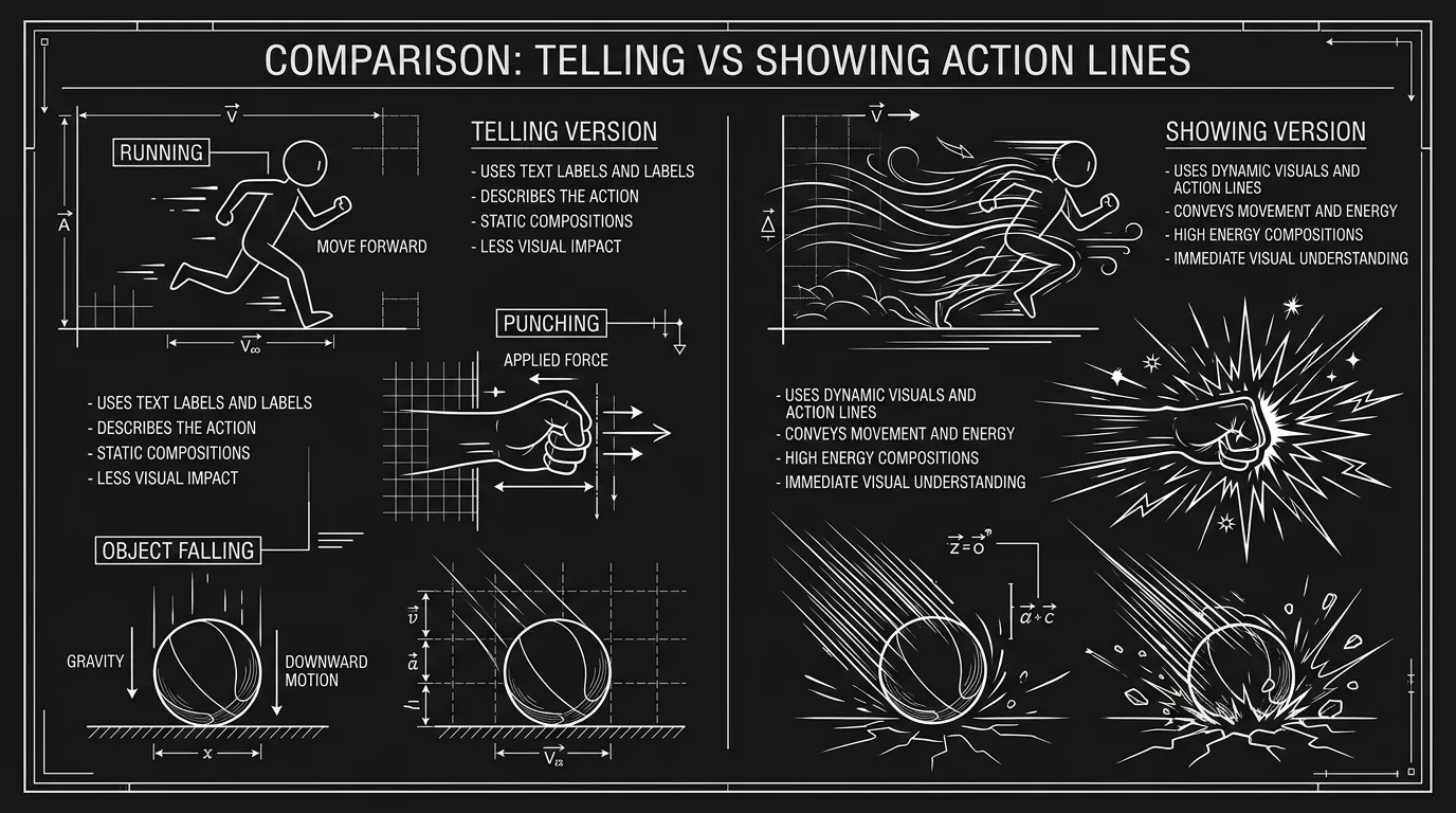 A comparison showing "telling" vs "showing" versions of action lines; dark mode technical sketch, thin white lines on black background