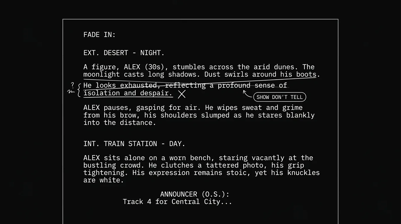 Dark mode technical sketch: script page with internal character states noted; thin white lines on black