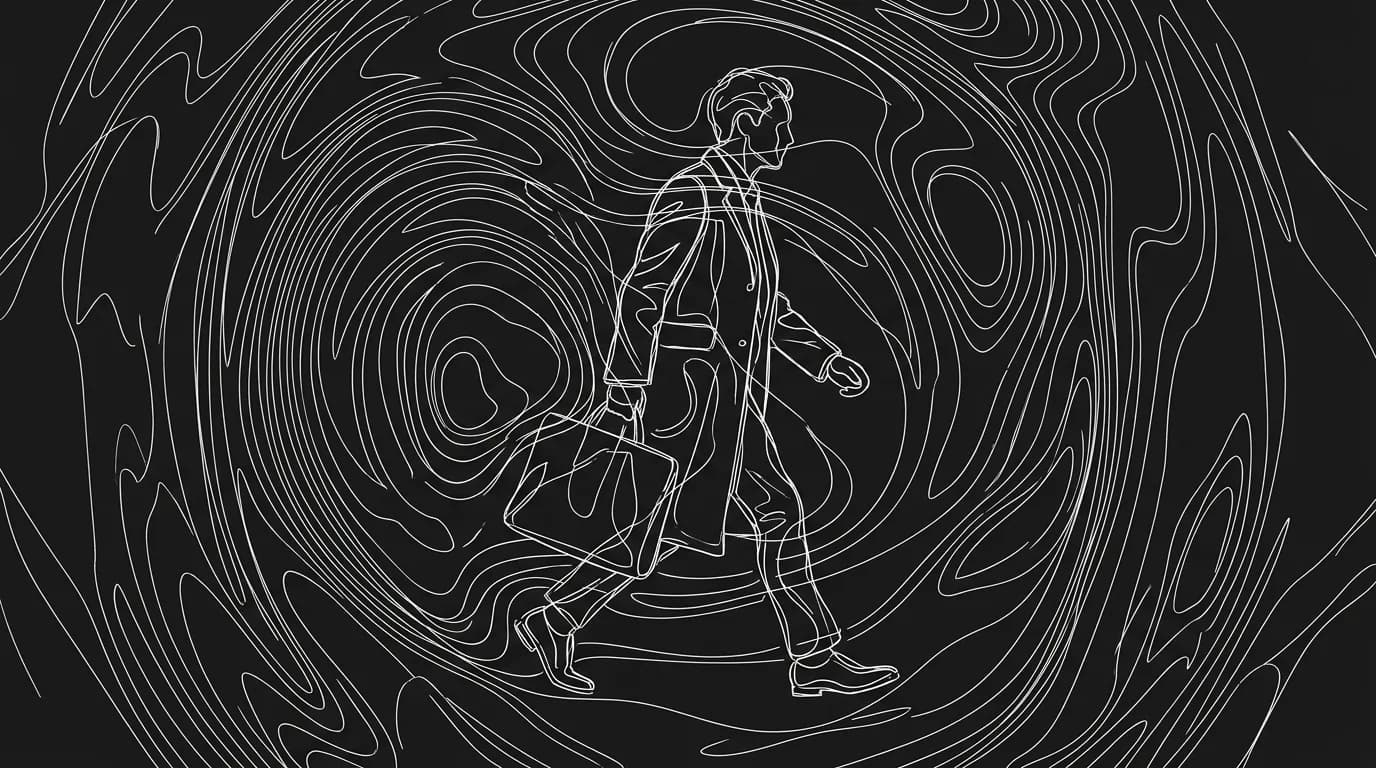 Distorted lens: figure seen through warped glass; dark mode technical sketch