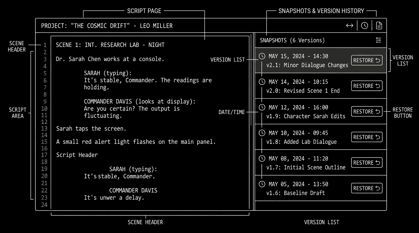 Dark mode technical sketch: script with version history or snapshots panel; thin white lines on black
