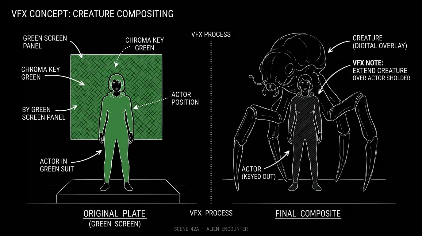 VFX note; creature; dark mode technical sketch