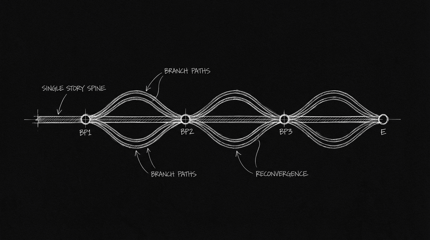 Story spine with branch points and reconvergence