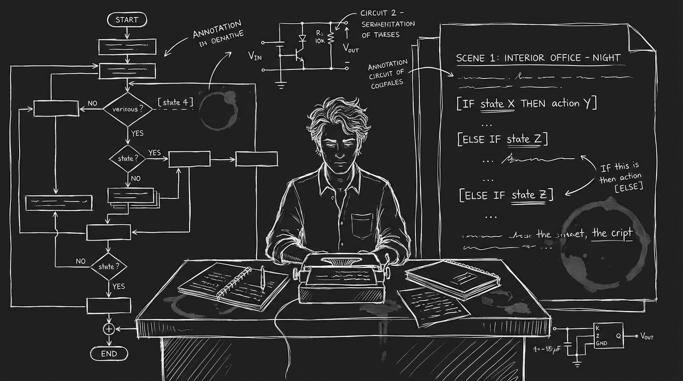 Writer at desk: flowchart and script with conditional blocks