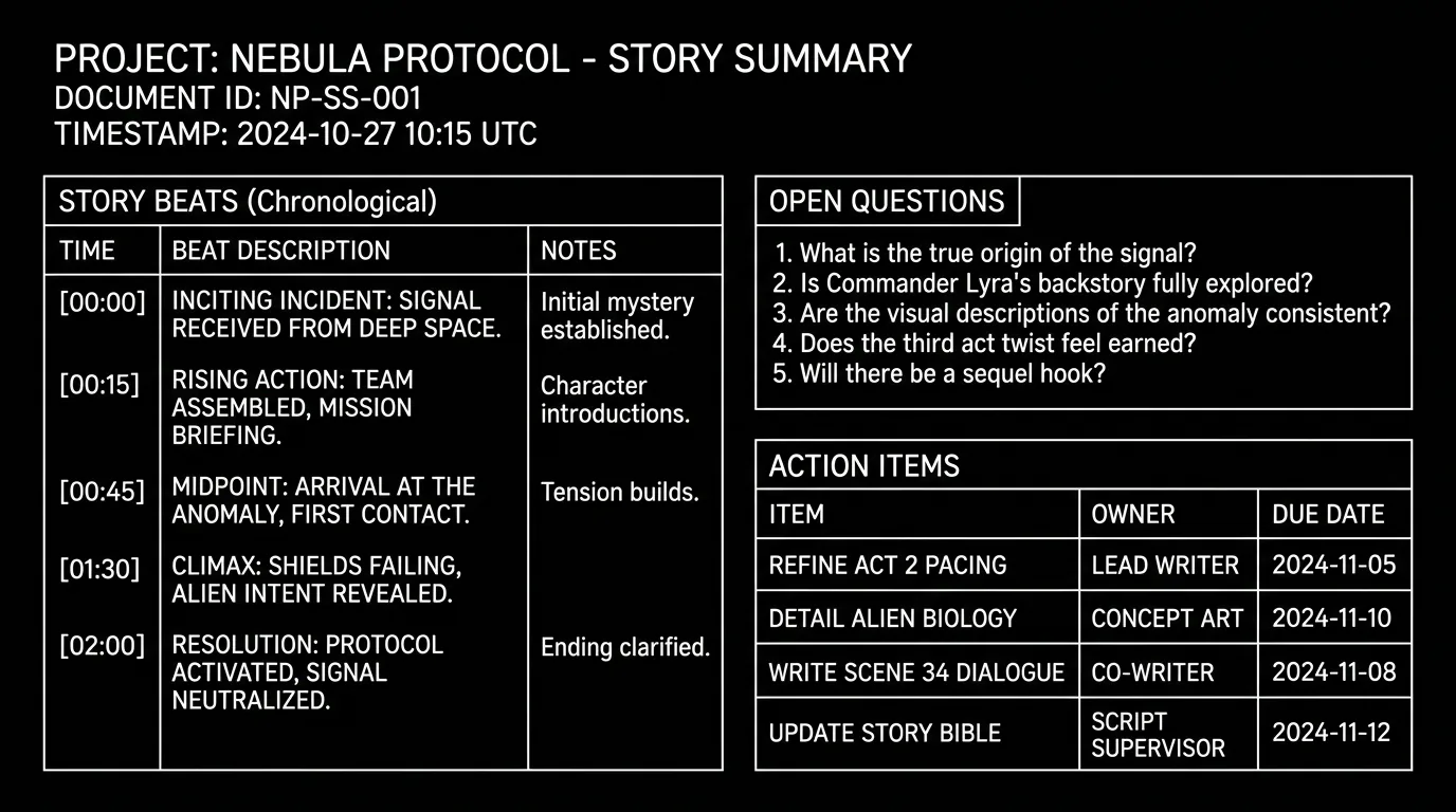A summary document generated from a writers room session; dark mode technical sketch, thin white lines on black background