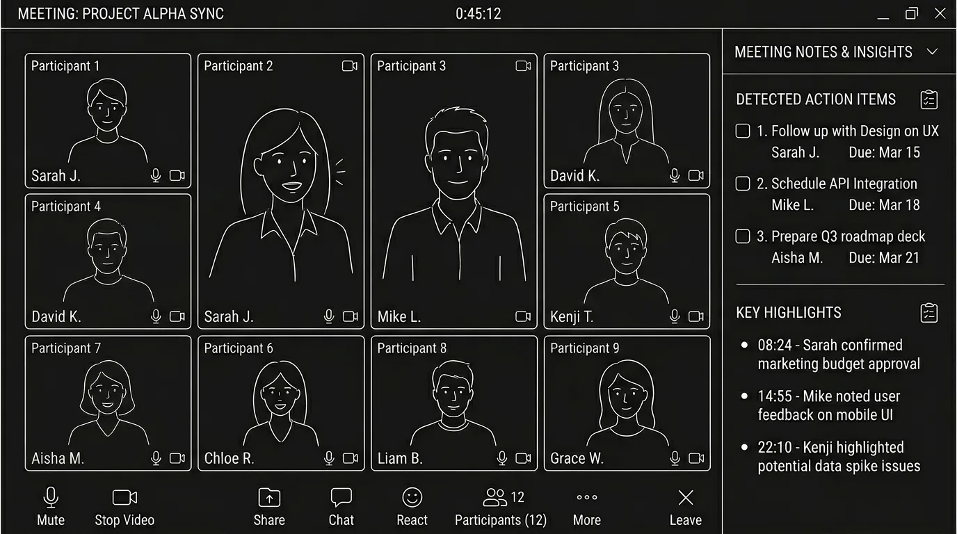 A remote writers room video grid with sidebar showing real-time action items; dark mode technical sketch, thin white lines, black background