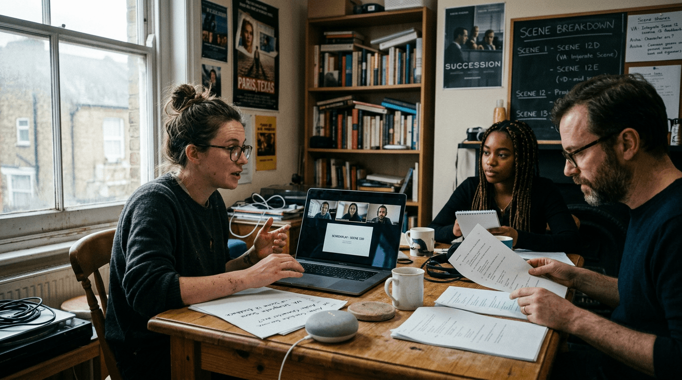 Cinematic workflow still, first angle, 35mm film grain