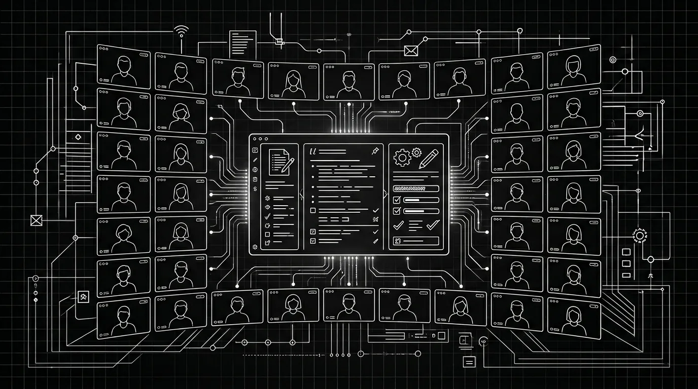 Dark mode technical sketch: remote writers room on screen with virtual assistant interface; thin white lines on black