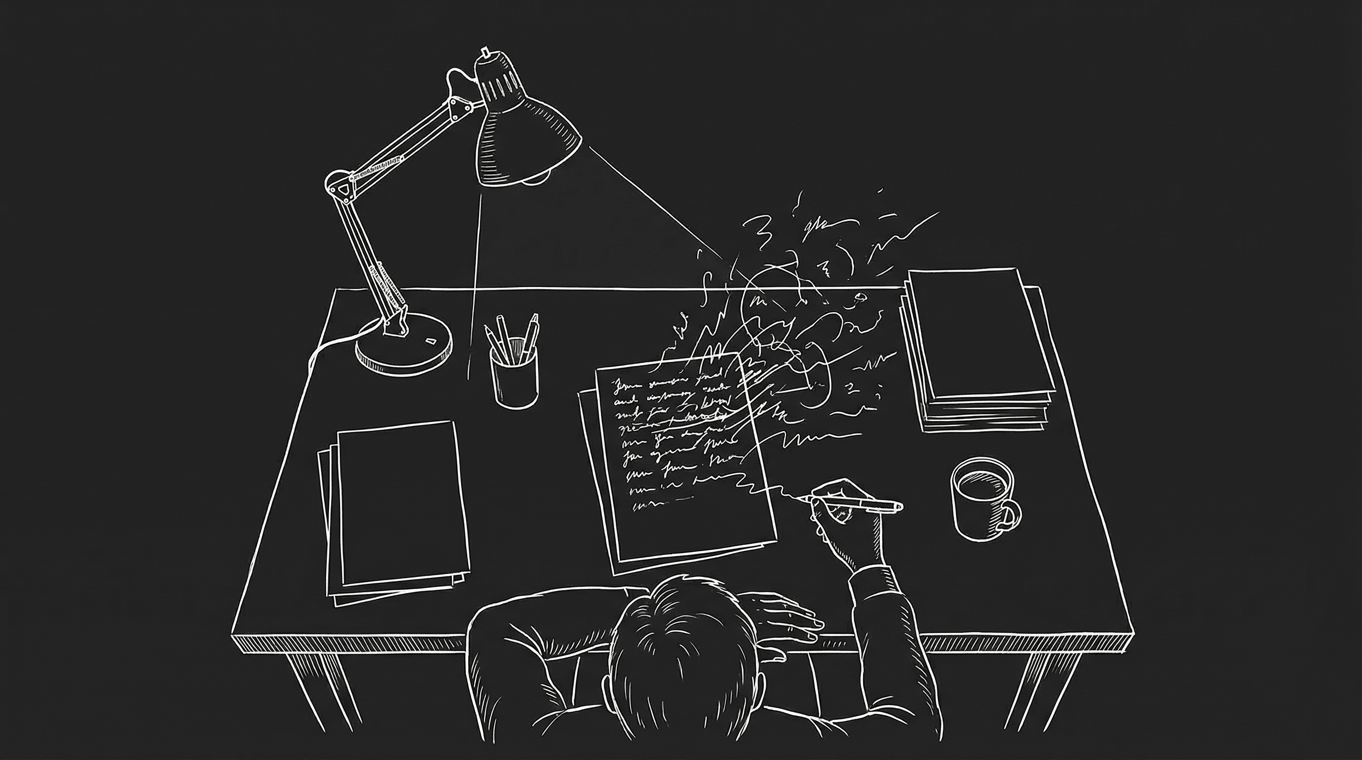 Vomit draft: messy first pages, writer at desk