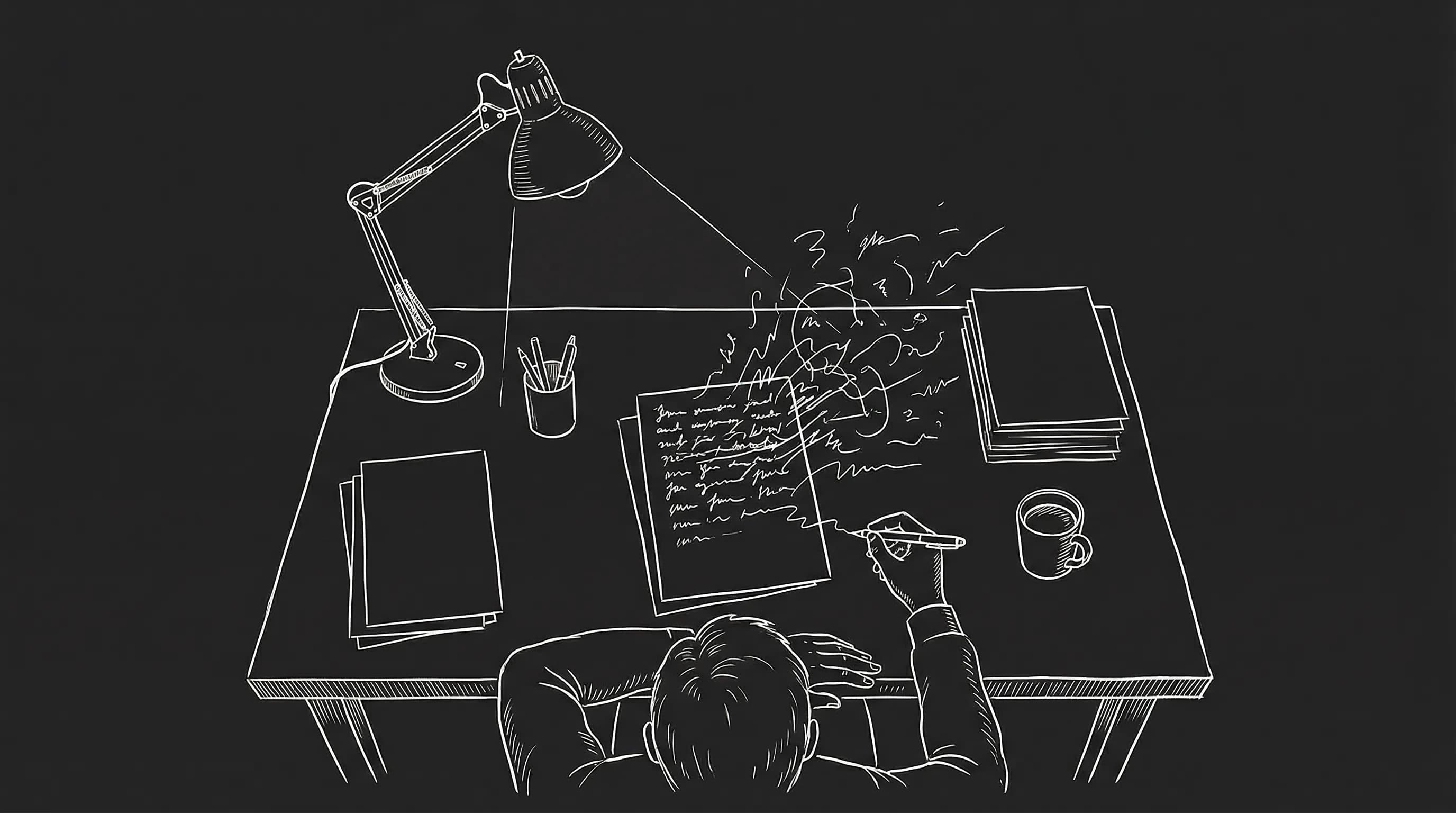 Vomit draft: messy first pages, writer at desk