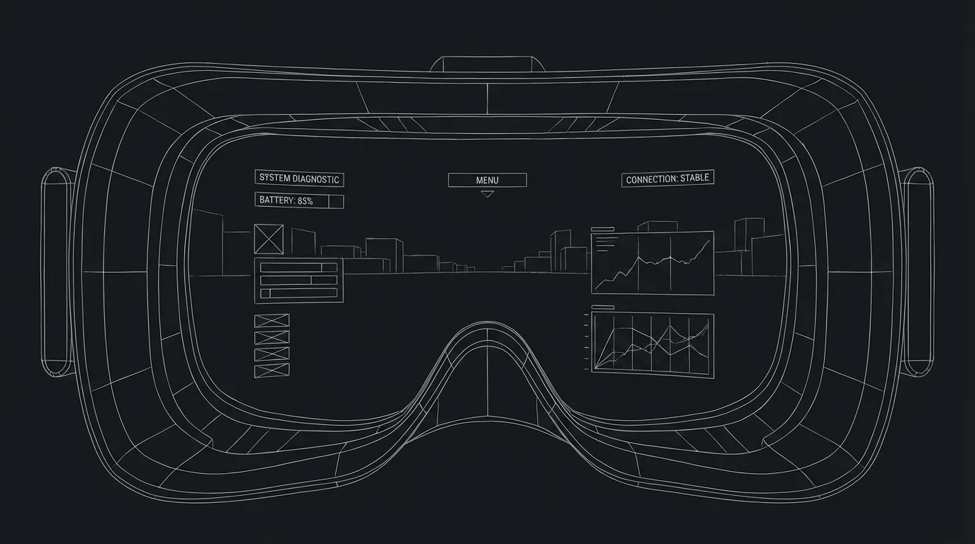 VR headset POV; floating UI; dark mode technical sketch