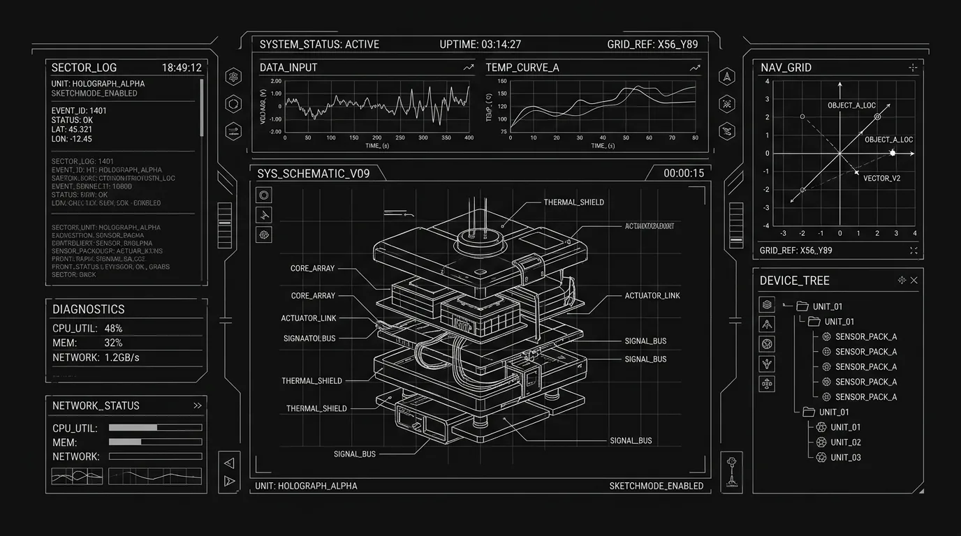 Hologram; UI elements; dark mode technical sketch