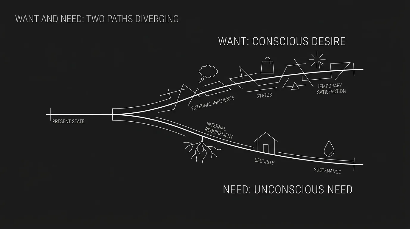 Want and need: two paths diverging; dark mode technical sketch
