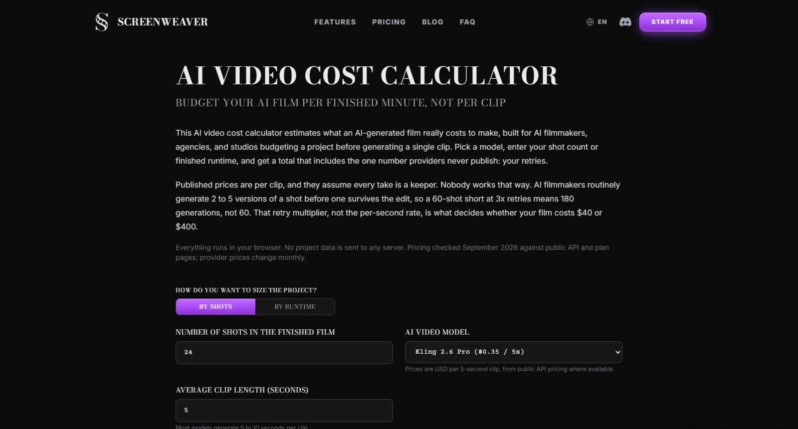 The ScreenWeaver AI video cost calculator with the shot count, model selector, clip length and the retry multiplier controls