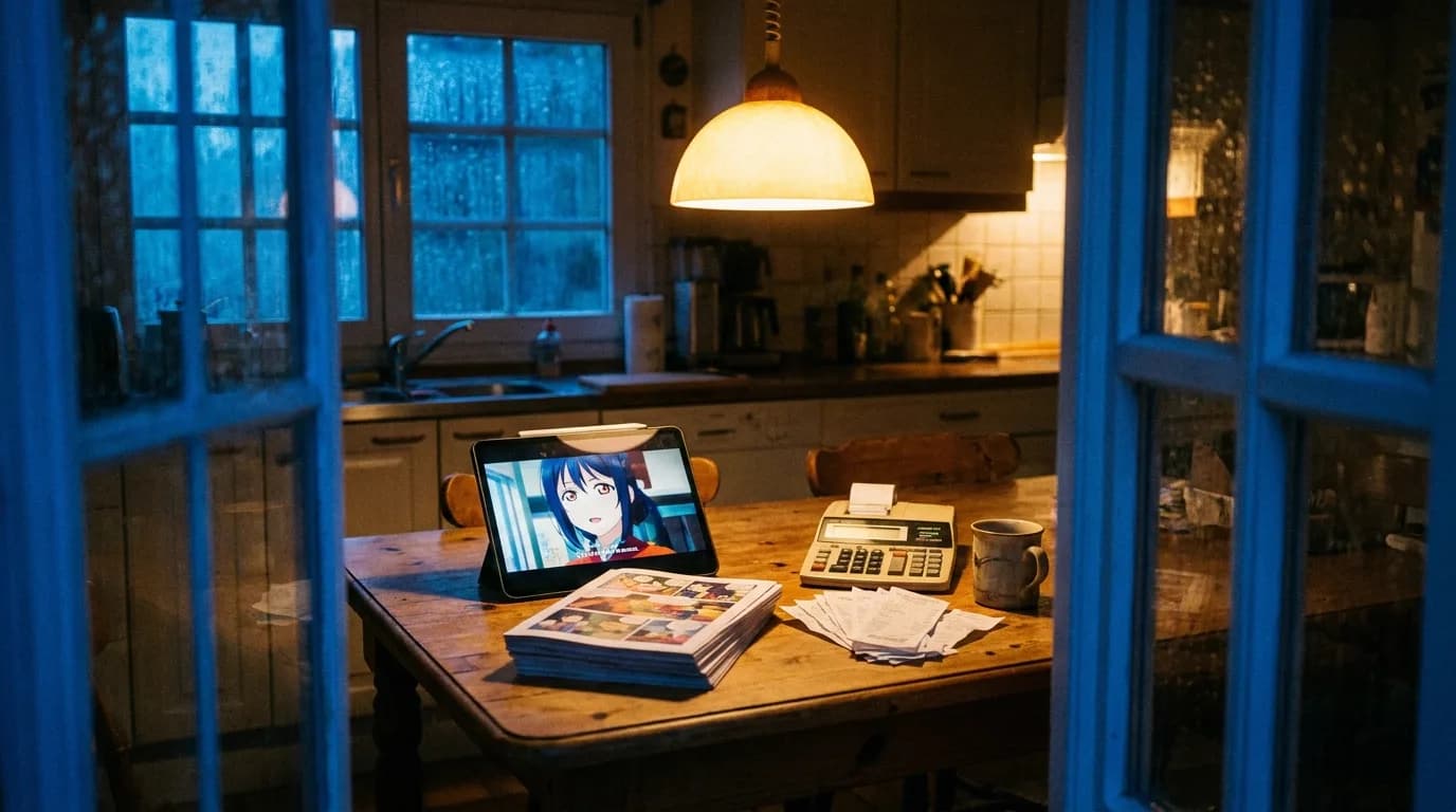A producer's kitchen table at night with rain on the window, a tablet propped up showing an anime-style frame of a character, a stack of printed colour comic pages, a desk calculator, a fan of receipts and a mug under a warm pendant lamp, cinematic still