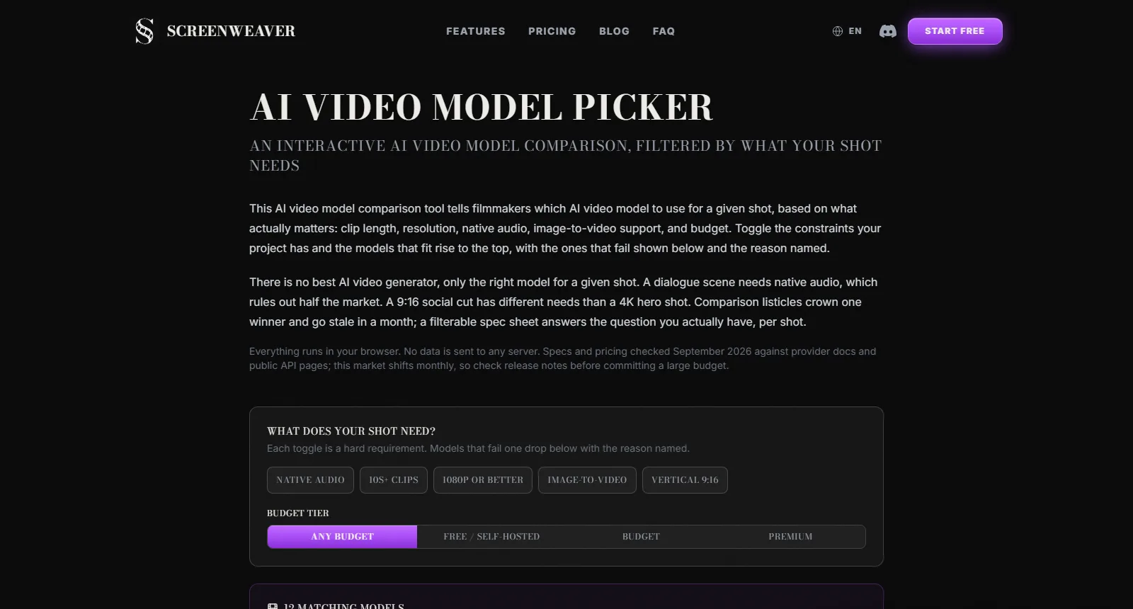 The ScreenWeaver AI video model picker page comparing current video generation models by use case