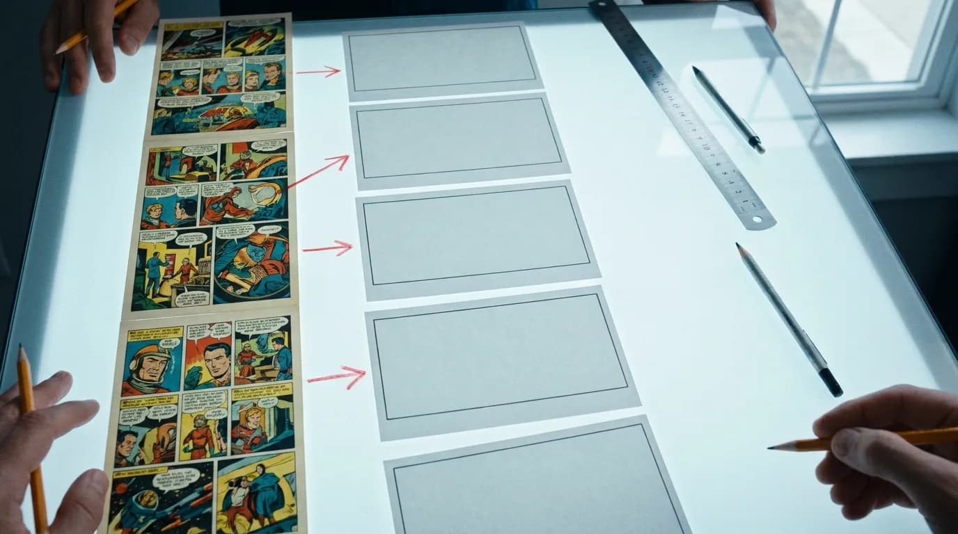 Overhead view of a light table with a tall vertical strip of colour comic panels on the left, a column of blank widescreen storyboard cards on the right, red pencil arrows drawn from panels to cards, a steel ruler and pencils, cinematic still